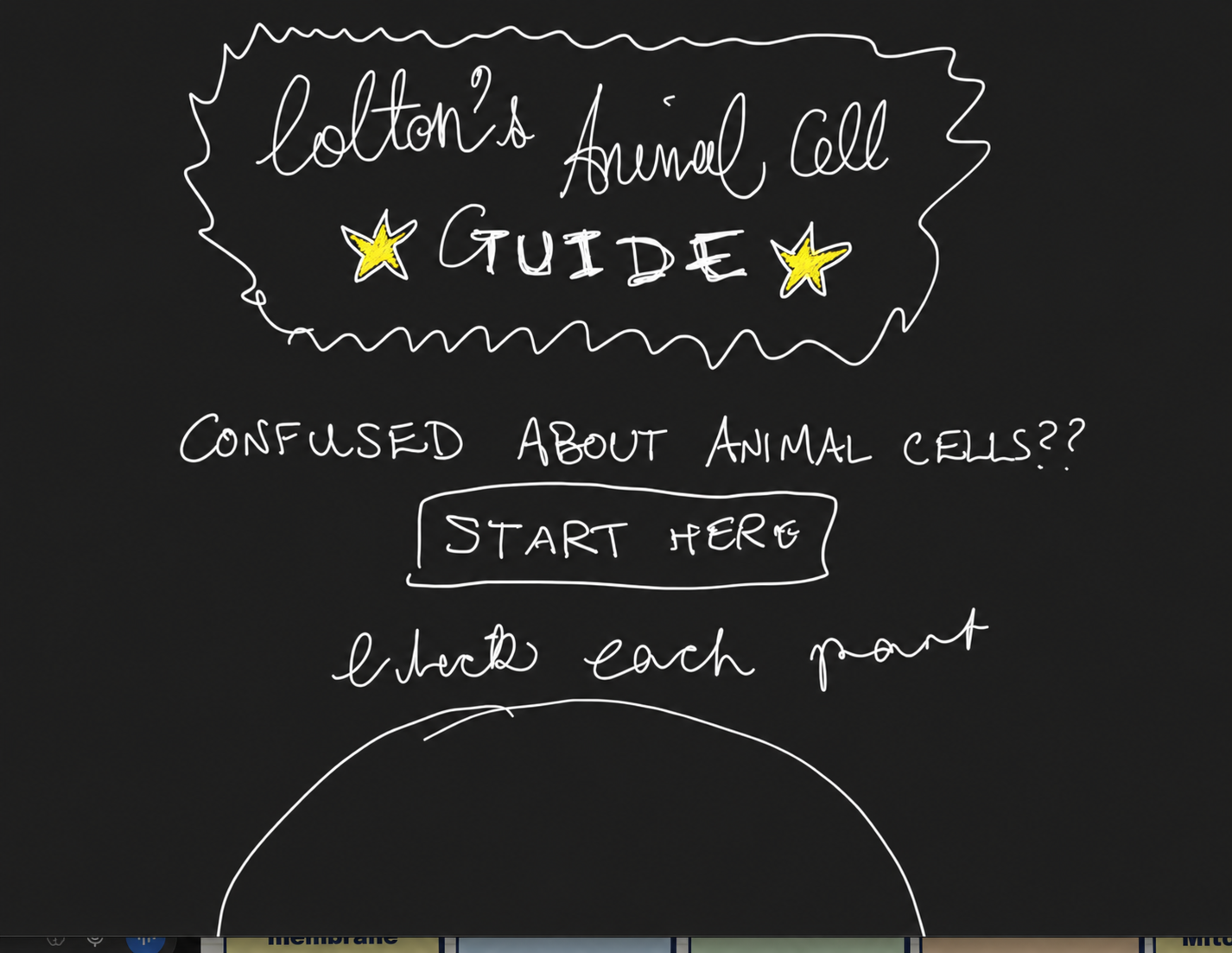 Colton's handwritten Animal Cell Guide header with yellow stars